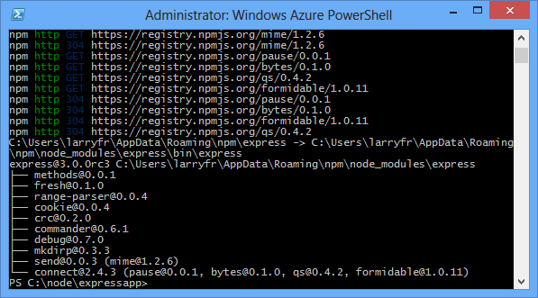 Windows PowerShell affichant le résultat de la commande npm install express.