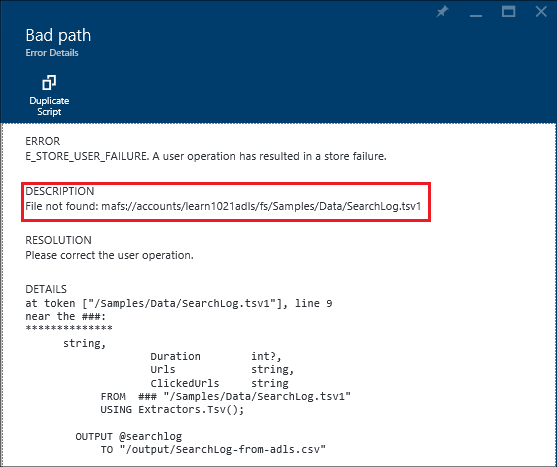 Détails de l'échec du travail dans Azure Data Lake Analytics