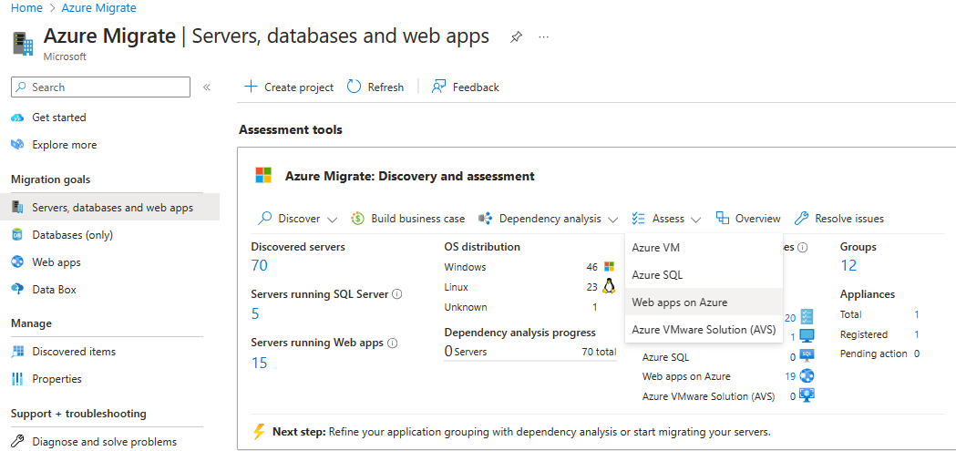 Capture d’écran de la page Vue d’ensemble d’Azure Migrate.