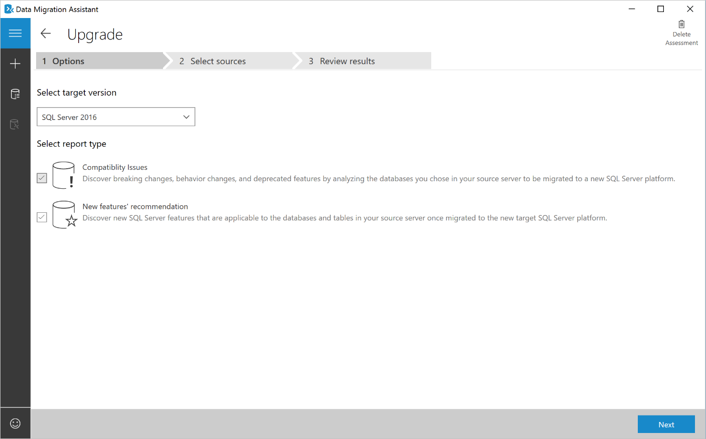 Capture d’écran de Sélectionner un type de rapport d'évaluation pour la cible SQL Server.