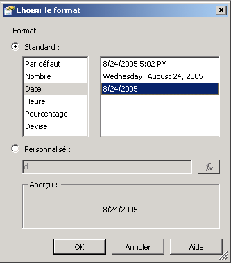 Boîte de dialogue Choisir le format