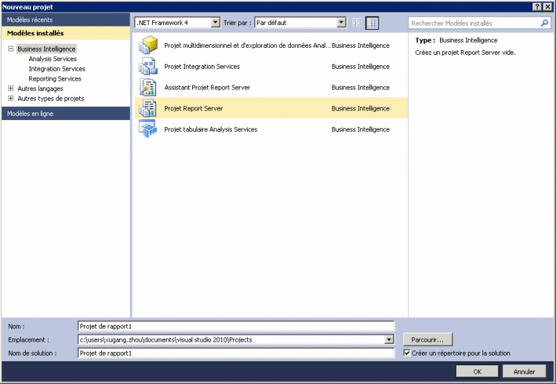 Boîte de dialogue Nouveau modèle de projet