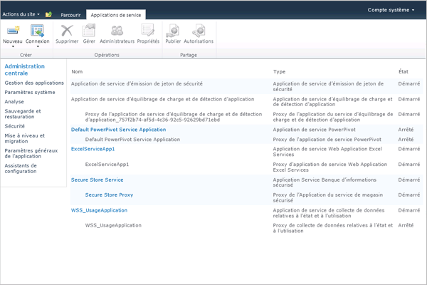 Capture d'écran de la page Gérer l'application de service