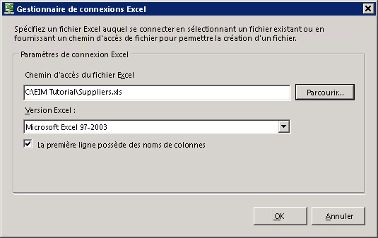 Boîte de dialogue Gestionnaire de connexions d'Excel