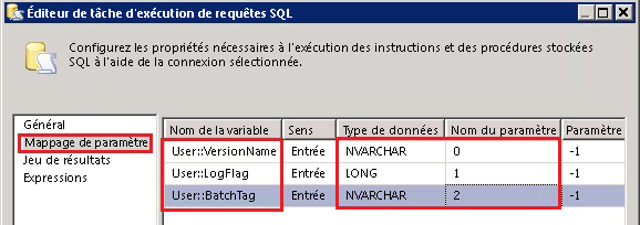 Éditeur de tâche d'exécution de SQL - Mappage de paramètre