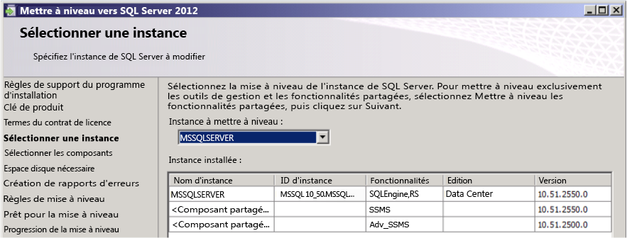 Interface utilisateur de la mise à niveau intégrée de SQL Server&nbsp;2012 SP1