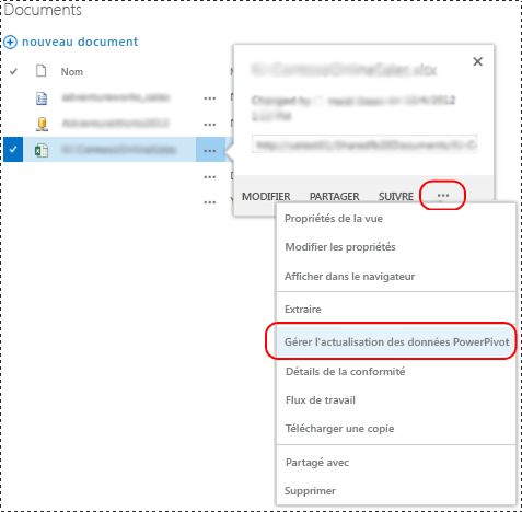 Menu contextuel Gérer l'actualisation des données