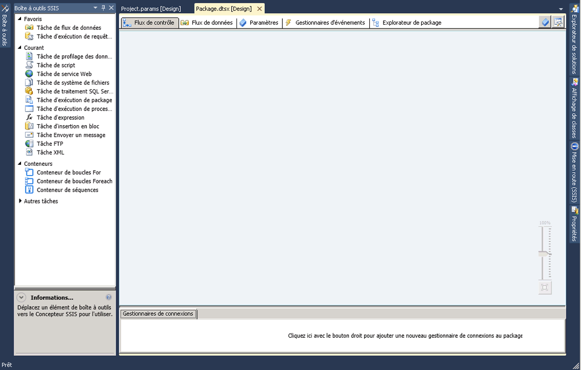 Capture d'écran du concepteur SSIS et de la boîte à outils
