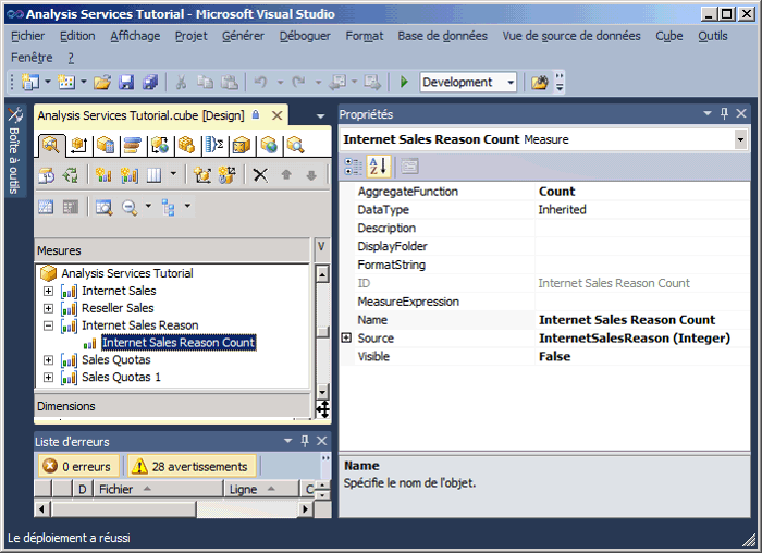 Propriétés de la mesure Internet Sales Reason Count