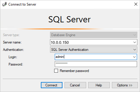 Capture d'écran de SQL Server Management Studio : Se connecter au serveur de base de données SQL.