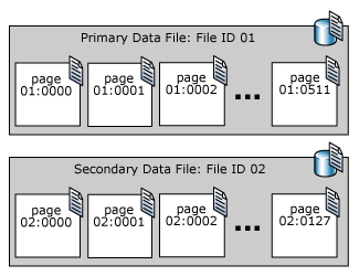 Diagramme expliquant les pages des fichiers de données dans les fichiers de données primaires et secondaires.
