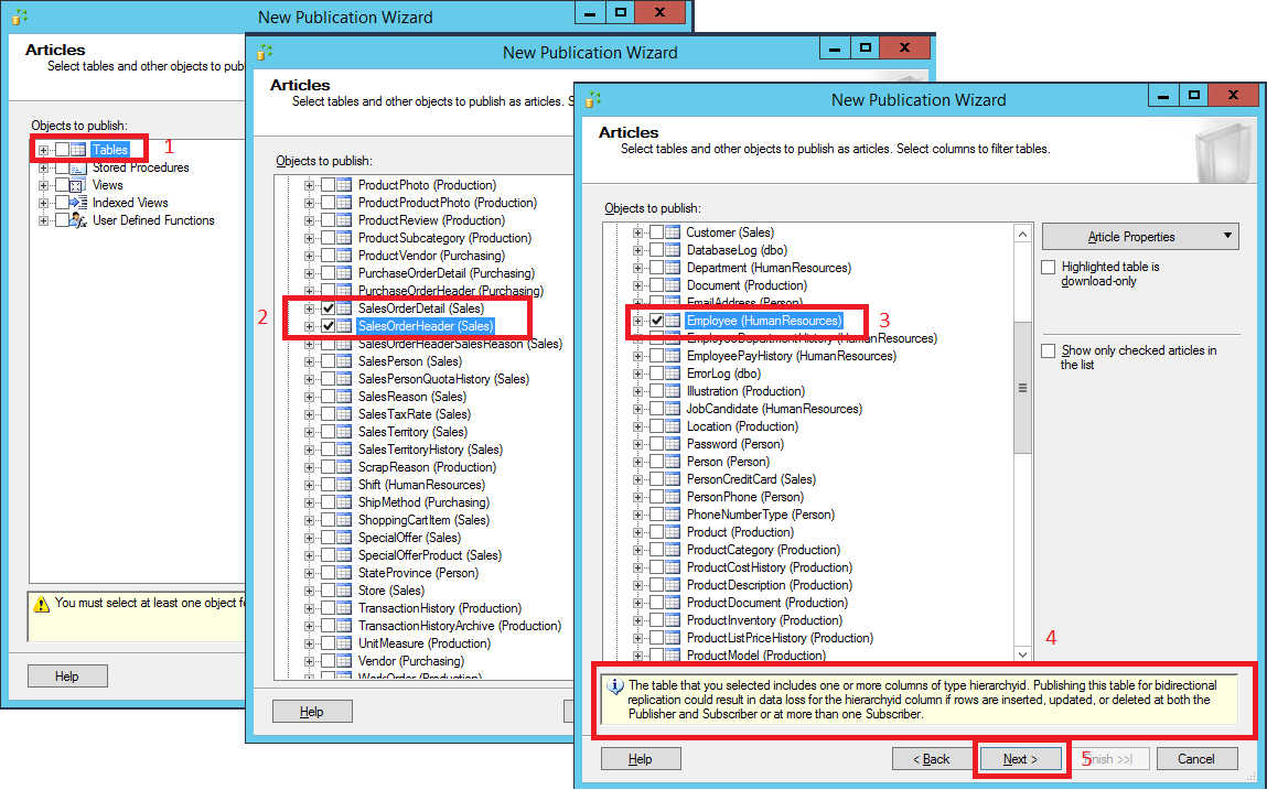 Sélections de table dans la page «&nbsp;articles&nbsp;»
