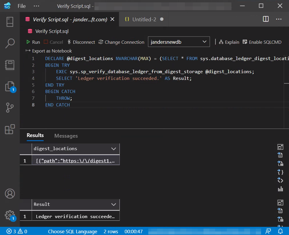 Capture d’écran de l’exécution de la vérification du registre à l’aide de Visual Studio Code.