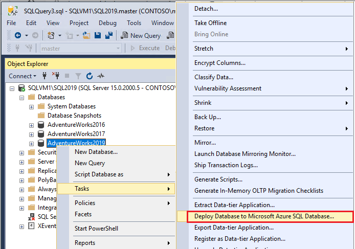 Capture d’écran montrant les étapes de menu pour le déploiement d’une base de données sur SQL Database.