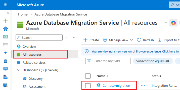 Capture d'écran de la page de toutes les ressources DMS dans le portail Azure.