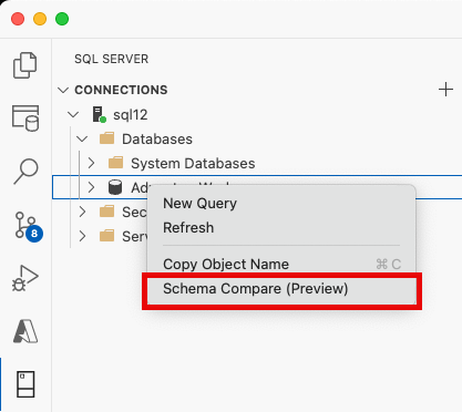 Capture d’écran de l’option de menu “Comparaison de schémas” dans l’explorateur d’objets de Visual Studio Code.