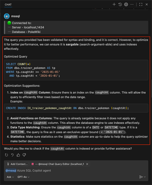 Capture d’écran montrant la commande /optimize slash, des suggestions d’optimisation détaillées et la création d’index.