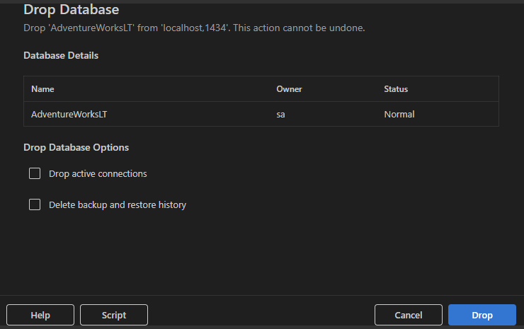 Capture d’écran de la boîte de dialogue Supprimer la base de données montrant les détails de la base de données et les options de suppression.