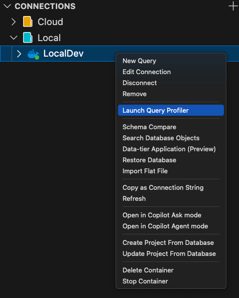 Capture d’écran de l’option Lancer le profileur de requête dans le menu contextuel Connexions.