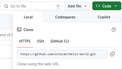 Capture d’écran du menu déroulant Bouton Code avec les options de clonage.