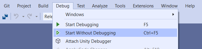 Capture d’écran de Visual Studio avec l’élément de menu Démarrer sans débogage affiché.
