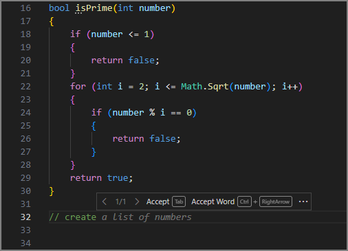 Capture d'écran de l'éditeur Visual Studio Code montrant une suggestion de texte fantôme complétant un commentaire pour '// créer une liste de nombres'.