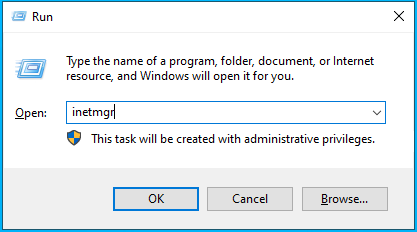 Capture d’écran de la saisie d’inetmgr dans la fenêtre Exécuter.