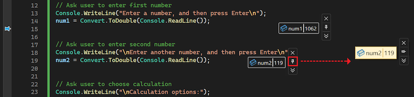 Capture d’écran montrant comment rendre flottante une info-bulle de données n’importe où dans l’IDE Visual Studio.
