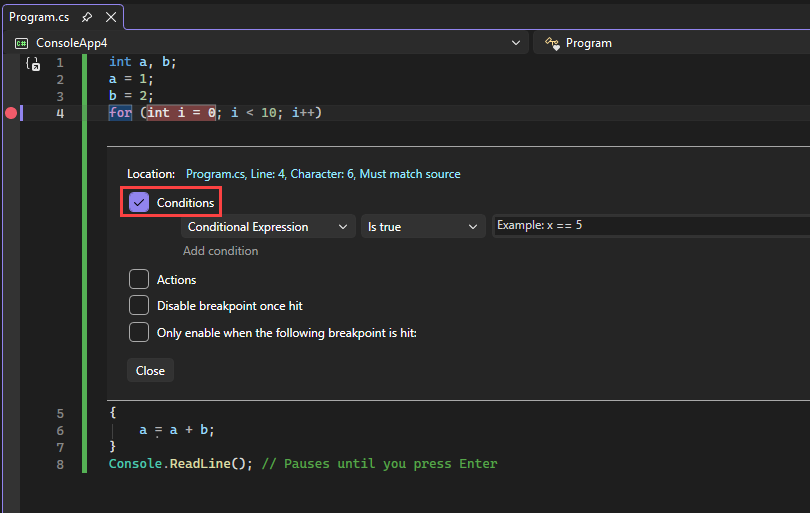 Capture d’écran montrant les paramètres de point d’arrêt.