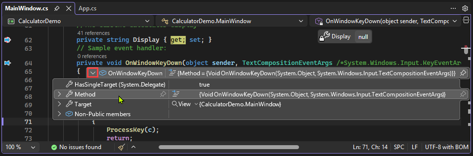 Capture d’écran illustrant comment sélectionner la flèche de développement d’un objet dans une info-bulle de données dans Visual Studio.