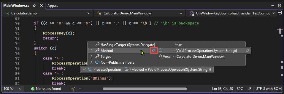 Capture d’écran montrant comment épingler des propriétés dans une info-bulle de données dans Visual Studio.