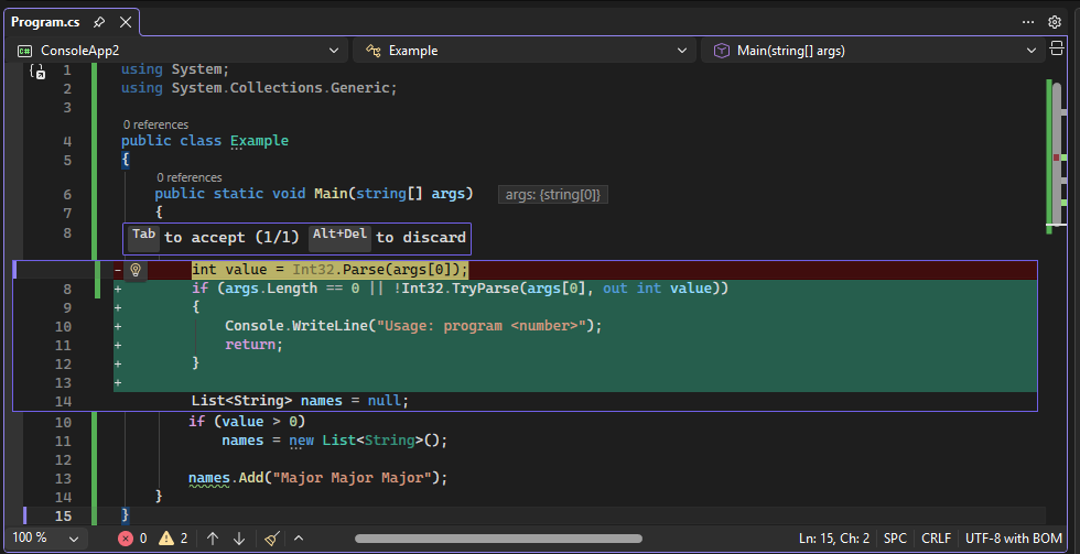 Capture d’écran du correctif suggéré par Copilot.