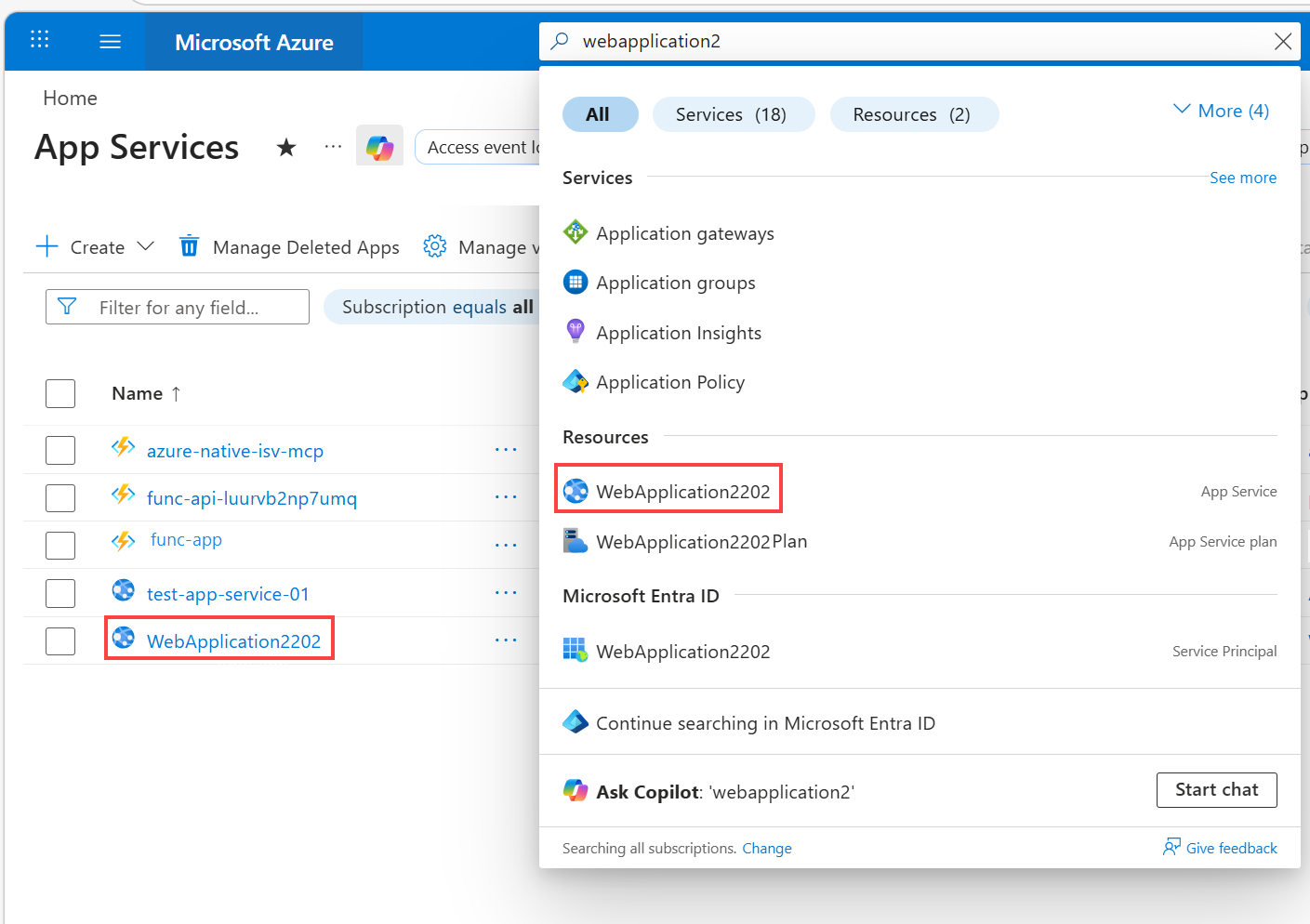 Capture d’écran de la recherche Azure.