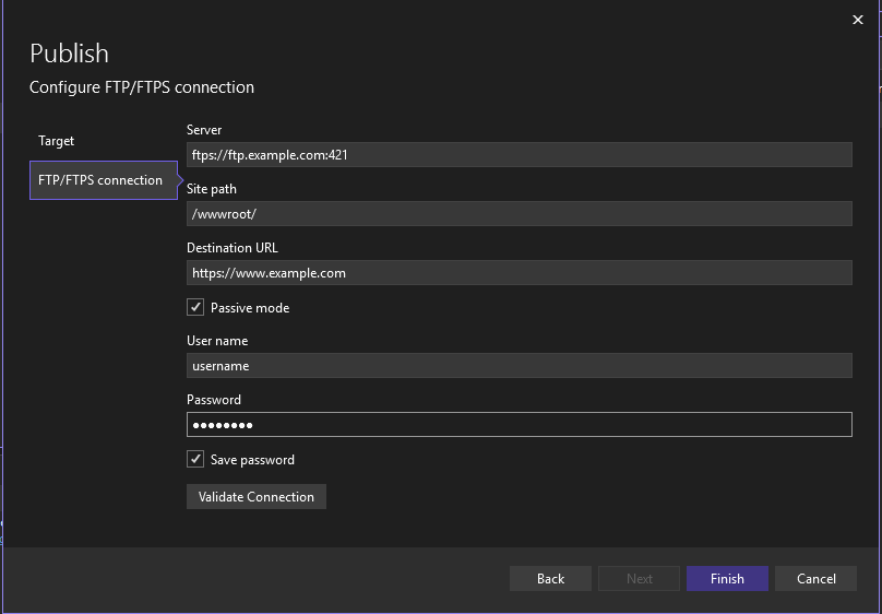 Capture d’écran de l’assistant de publication montrant l’écran pour publier sur serveur FTP ou FTPS.