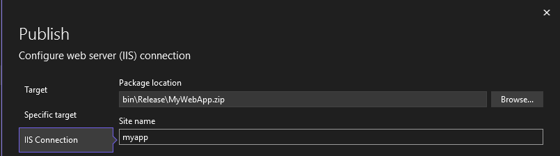 Capture d’écran montrant l’assistant de publication sur IIS avec l’option Web Deploy Package.