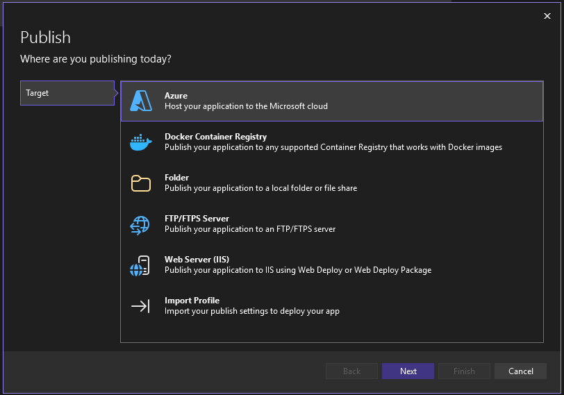 Capture d’écran montrant l’Assistant Publication, montrant les cibles de publication disponibles.