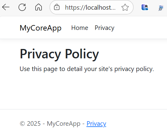 Capture d’écran montrant la page Confidentialité de MyCoreApp avec le texte suivant : Utilisez cette page pour détailler la politique de confidentialité de votre site.
