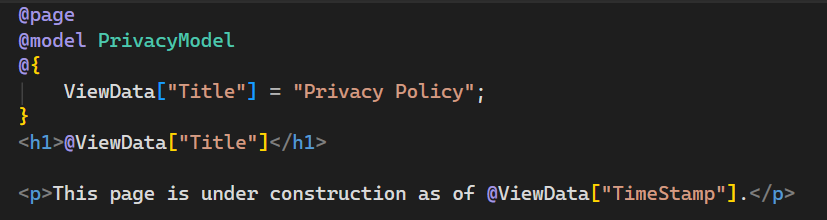 Capture d’écran montrant le fichier Privacy.cshtml ouvert dans l’éditeur Visual Studio Code avec le texte mis à jour.