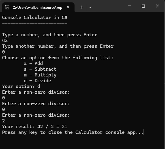 Capture d’écran montrant une fenêtre console avec une invite répétée pour fournir un nombre différent de zéro.