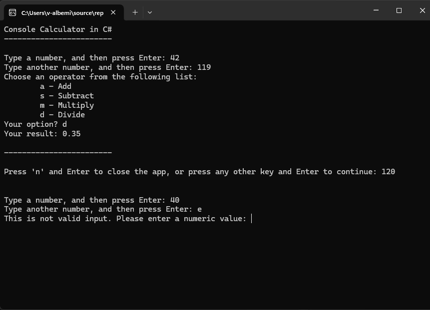 Capture d’écran montrant une fenêtre console avec l’application Calculatrice refactorisée.