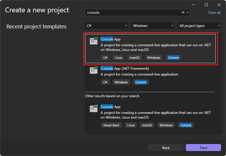 Capture d’écran du modèle « Application console » dans la fenêtre « Créer un projet » de Visual Studio.