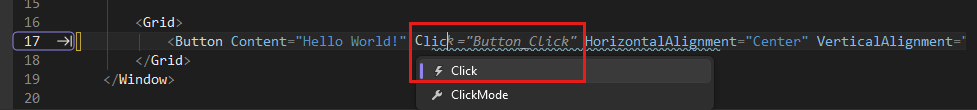 Capture d’écran montrant le code XAML du bouton dans l’éditeur XAML avec l’événement click du bouton mis en surbrillance.