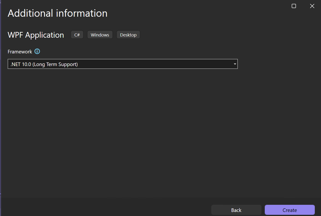 Capture d’écran montrant la fenêtre Informations supplémentaires avec .NET 10.0 sélectionné comme framework cible pour le nouveau projet.