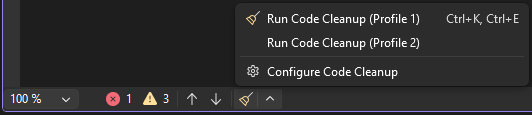 Screenshot montrant l’icône et le menu Nettoyage du code dans Visual Studio.