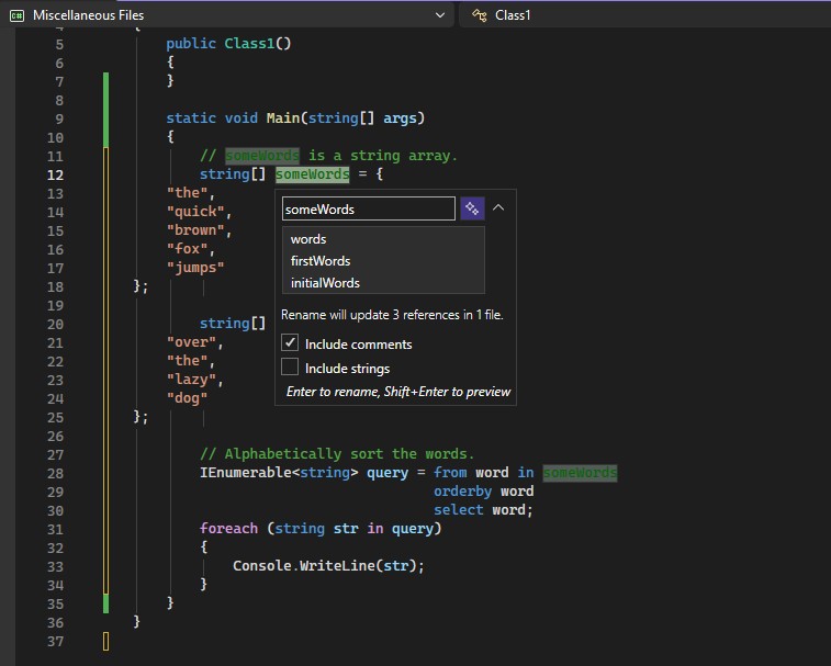 Capture d’écran de la zone contextuelle Renommer dans l’éditeur de Visual Studio.