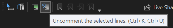 Capture d’écran du bouton Décommenter dans la barre d’outils Éditeur de texte dans Visual Studio 2022.