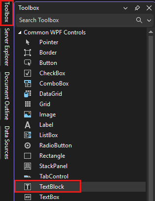Screenshot montrant la fenêtre Boîte à outils avec le contrôle TextBlock mis en surbrillance dans la liste des contrôles common WPF Controls.