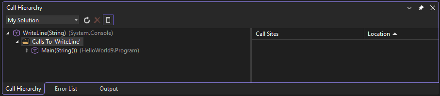 Screenshot qui affiche la fenêtre Hiérarchie des appels dans Visual Studio.