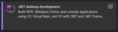 Capture d’écran montrant la charge de travail de développement de bureau .NET dans Visual Studio Installer.