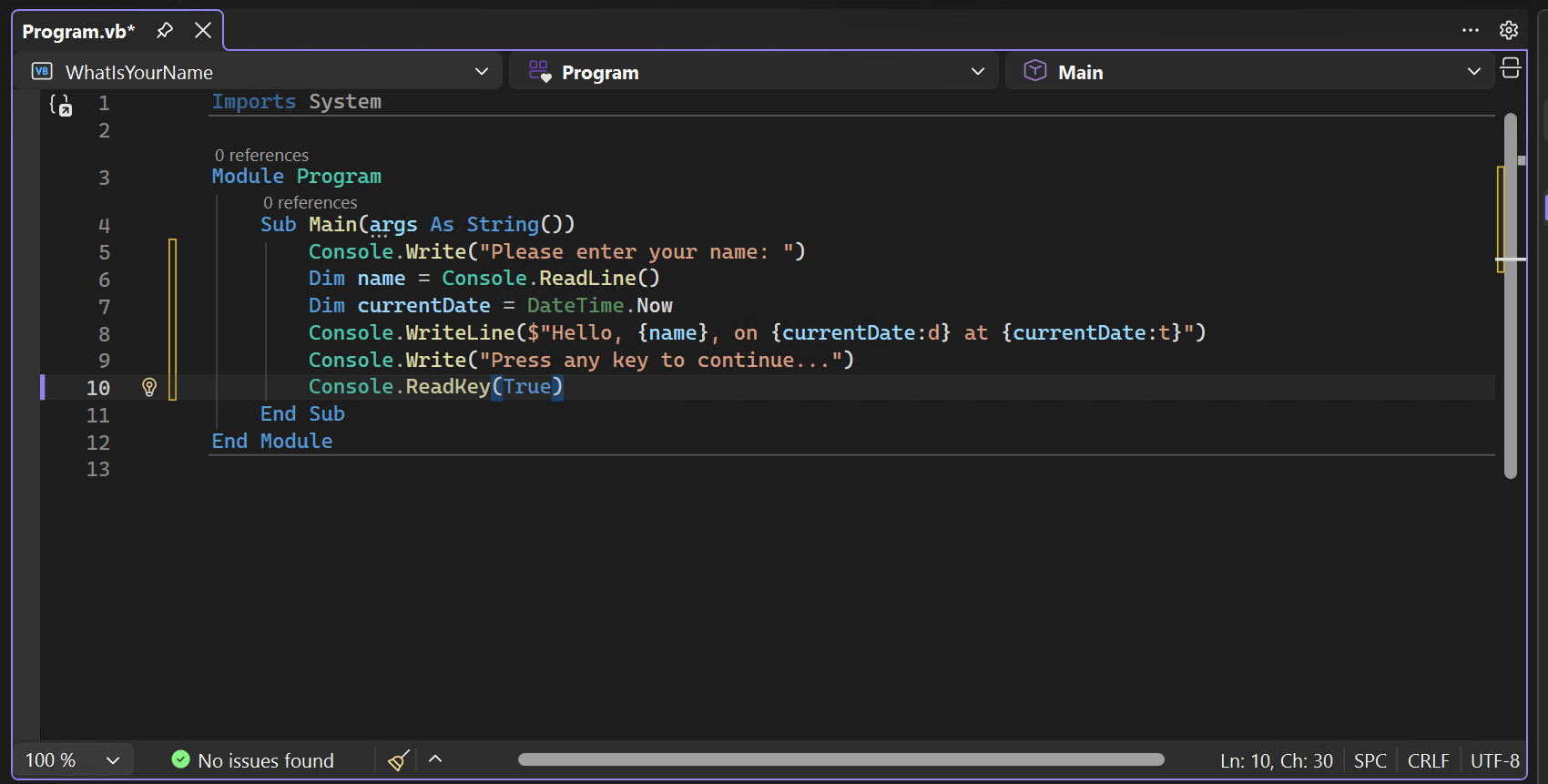 Capture d’écran montrant le code du fichier « Program.vb » dans le projet « WhatIsYourName » chargé dans l’éditeur de code Visual Basic.